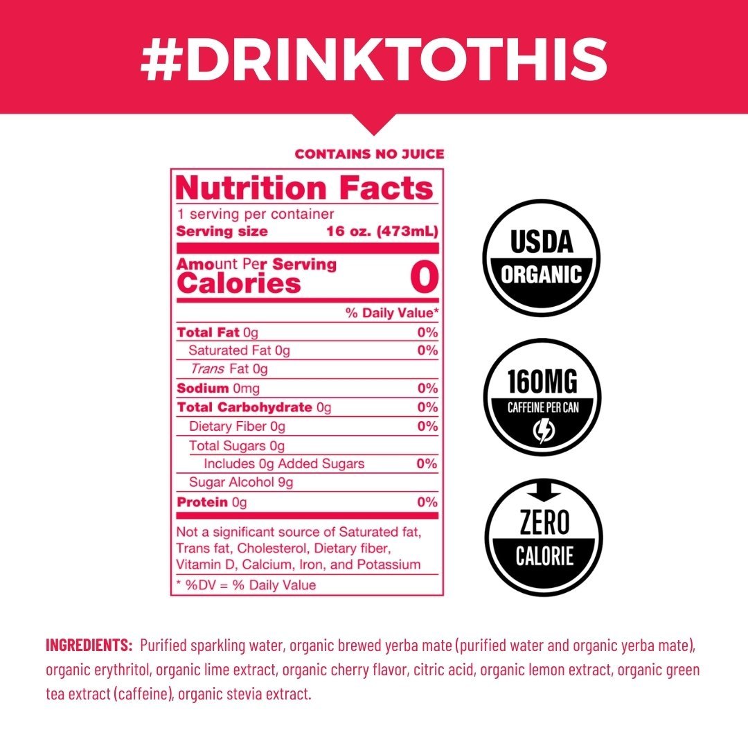 Cherry Lime Zero Calorie Sparkling Organic Yerba Mate